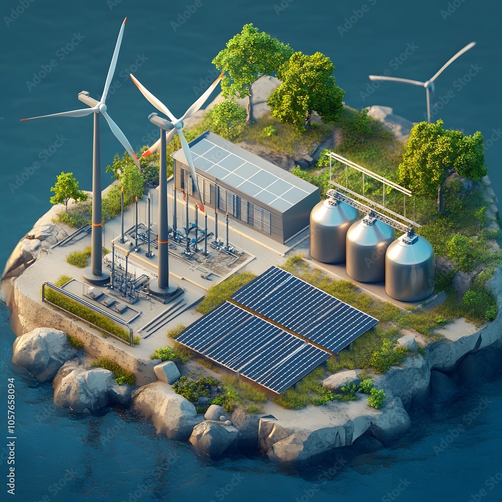 Poster create an isometric 3d scene focused on green energy. include three modern wind turbines with sleek,