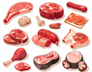 A collection of various cuts of meat, including steak, sausage, and chicken.