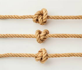 Three different rope knots tied on a white background.