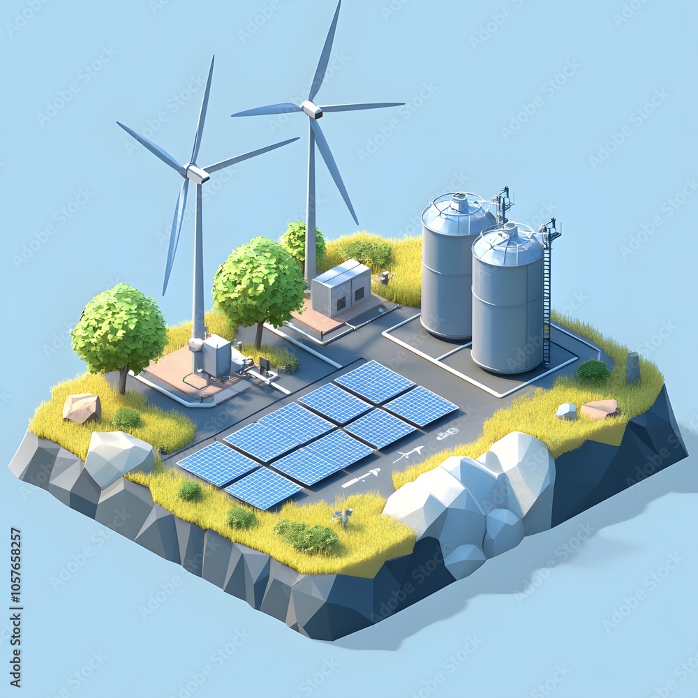 Poster create an isometric 3d scene focused on green energy. include three modern wind turbines with sleek,