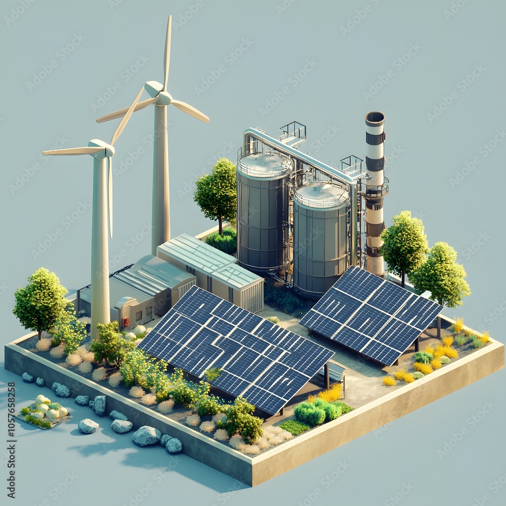 Poster create an isometric 3d scene focused on green energy. include three modern wind turbines with sleek,