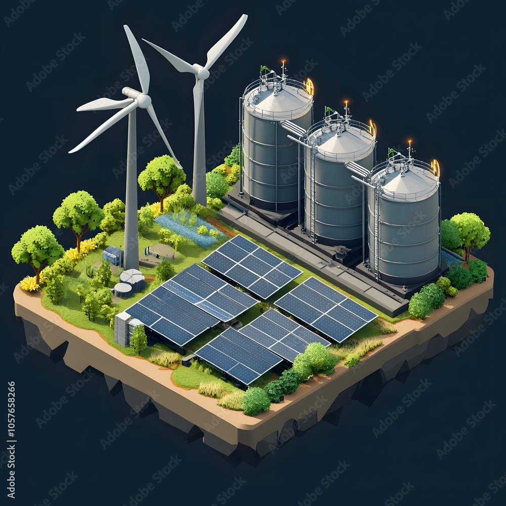Poster create an isometric 3d scene focused on green energy. include three modern wind turbines with sleek,