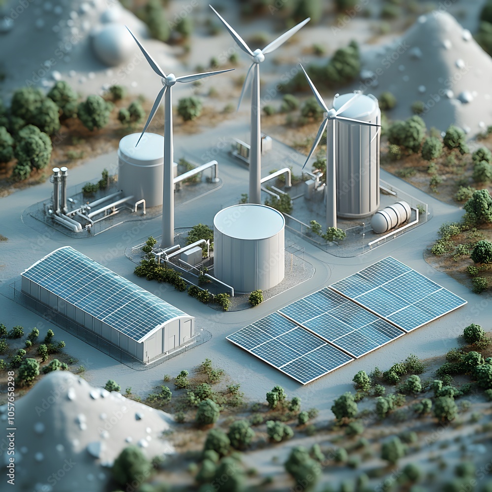 Poster create an isometric 3d scene focused on green energy. include three modern wind turbines with sleek,