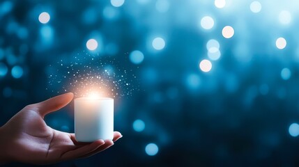 A hand gently holds a glowing candle, radiating soft light against a dreamy blue background filled with bokeh effects, This image can enhance themes of tranquility, warmth