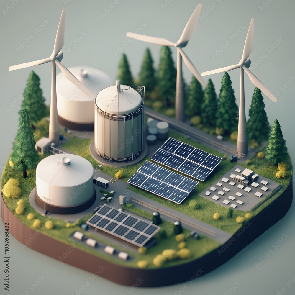 Poster create an isometric 3d scene focused on green energy. include three modern wind turbines with sleek,