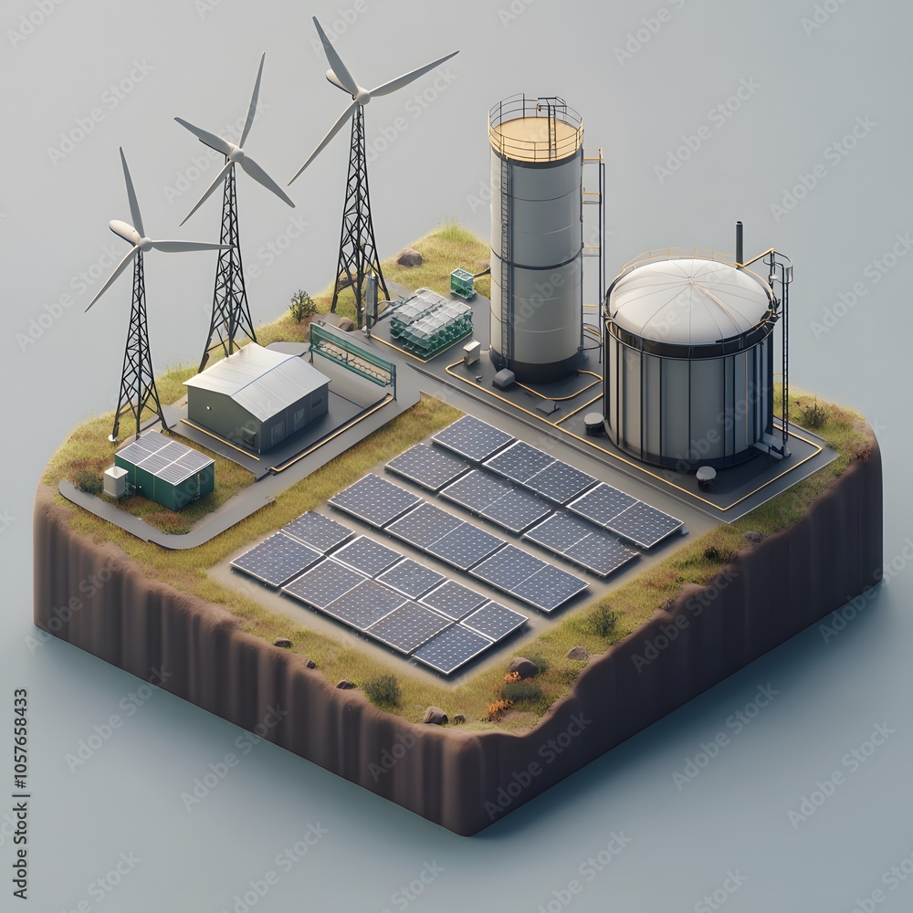 Poster create an isometric 3d scene focused on green energy. include three modern wind turbines with sleek,