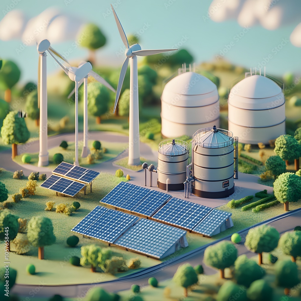 Poster create an isometric 3d scene focused on green energy. include three modern wind turbines with sleek,
