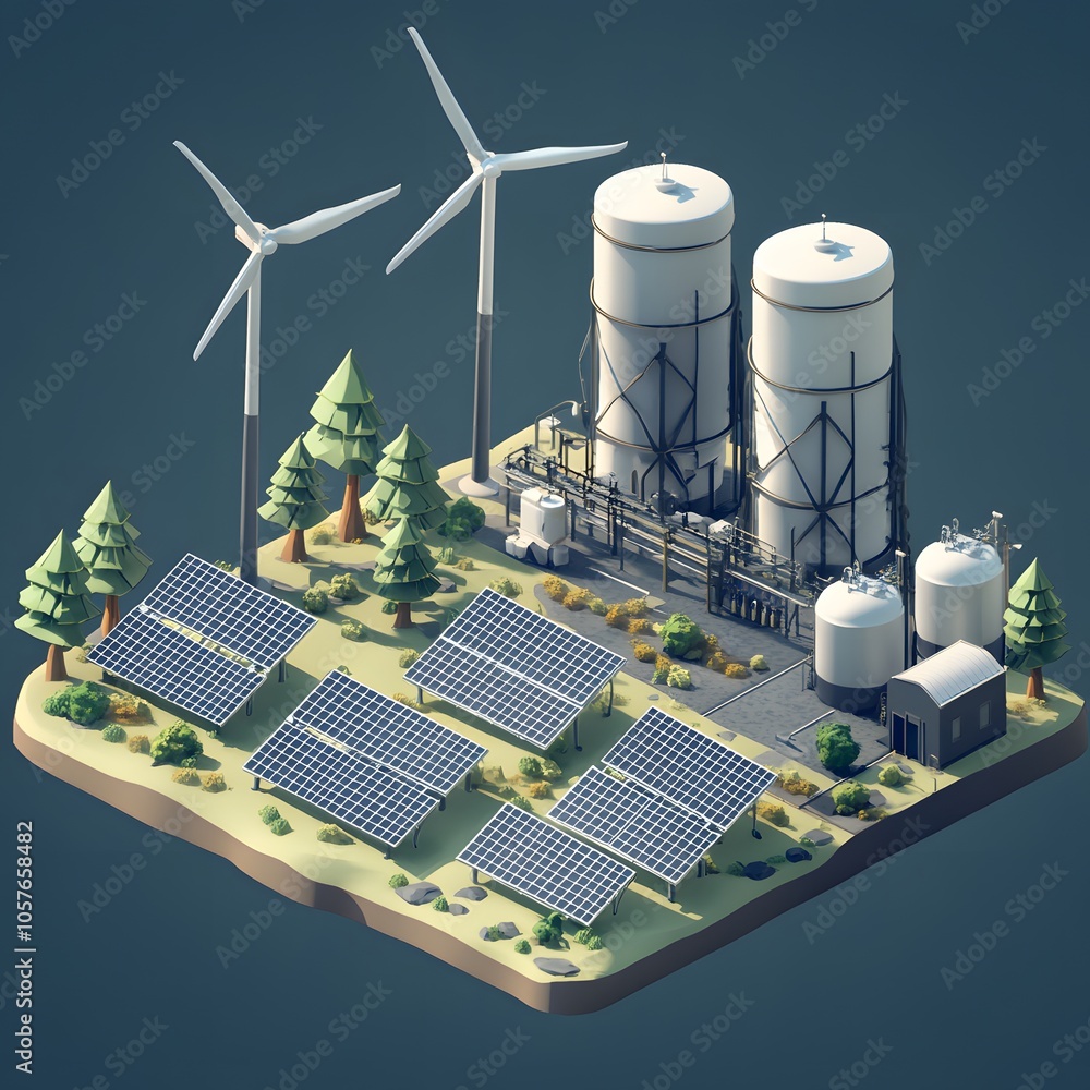 Poster create an isometric 3d scene focused on green energy. include three modern wind turbines with sleek,