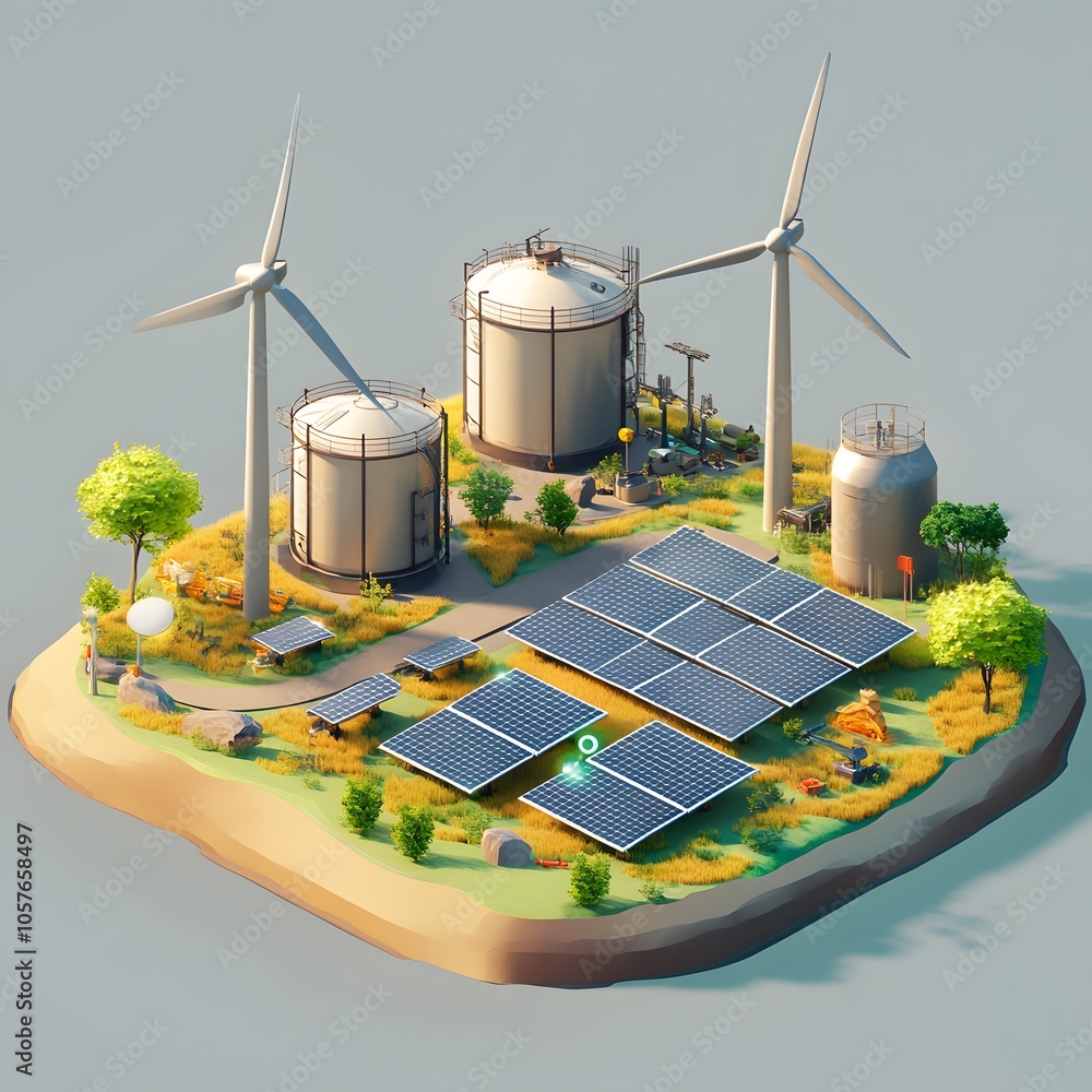 Poster create an isometric 3d scene focused on green energy. include three modern wind turbines with sleek,