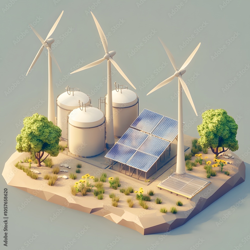 Poster create an isometric 3d scene focused on green energy. include three modern wind turbines with sleek,