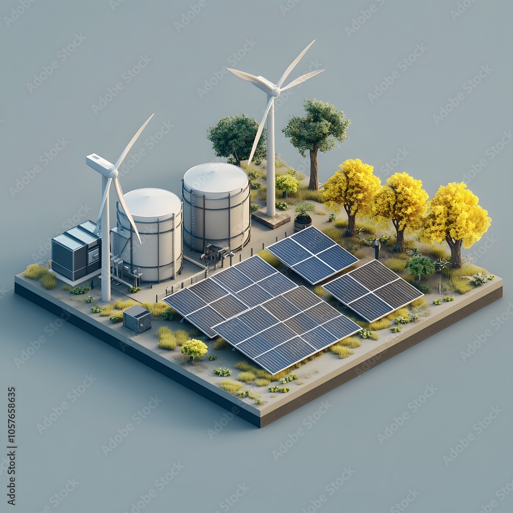 Poster create an isometric 3d scene focused on green energy. include three modern wind turbines with sleek,