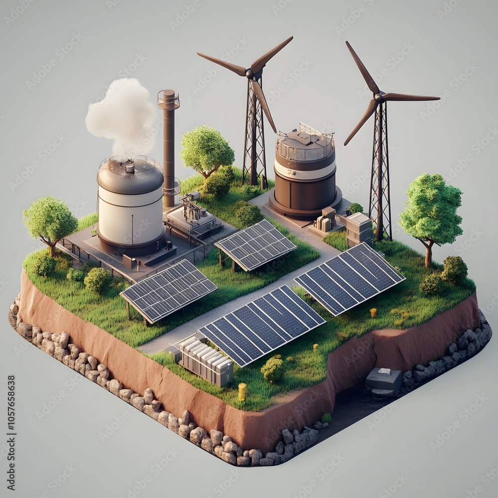Poster create an isometric 3d scene focused on green energy. include three modern wind turbines with sleek,