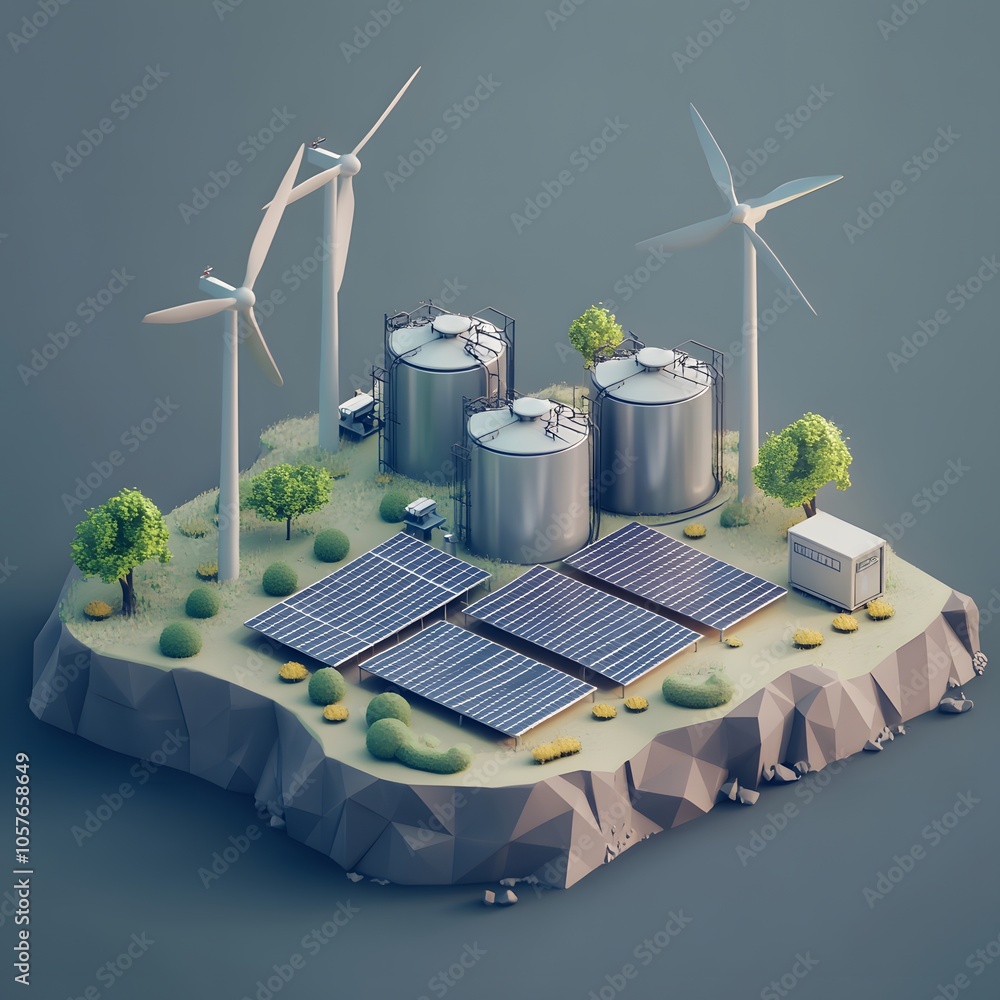 Poster create an isometric 3d scene focused on green energy. include three modern wind turbines with sleek,