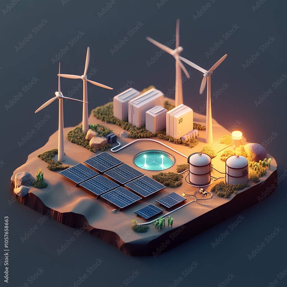 Poster create an isometric 3d scene focused on green energy. include three modern wind turbines with sleek,