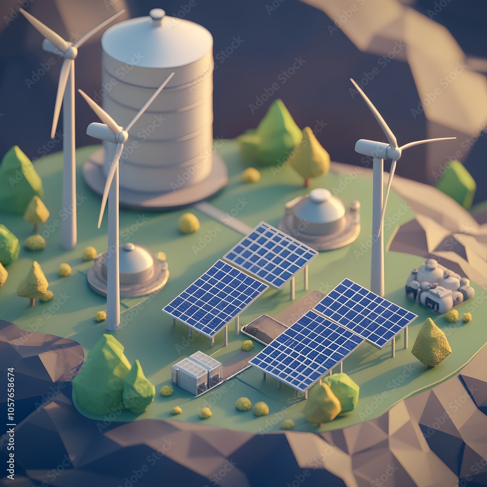 Poster create an isometric 3d scene focused on green energy. include three modern wind turbines with sleek,