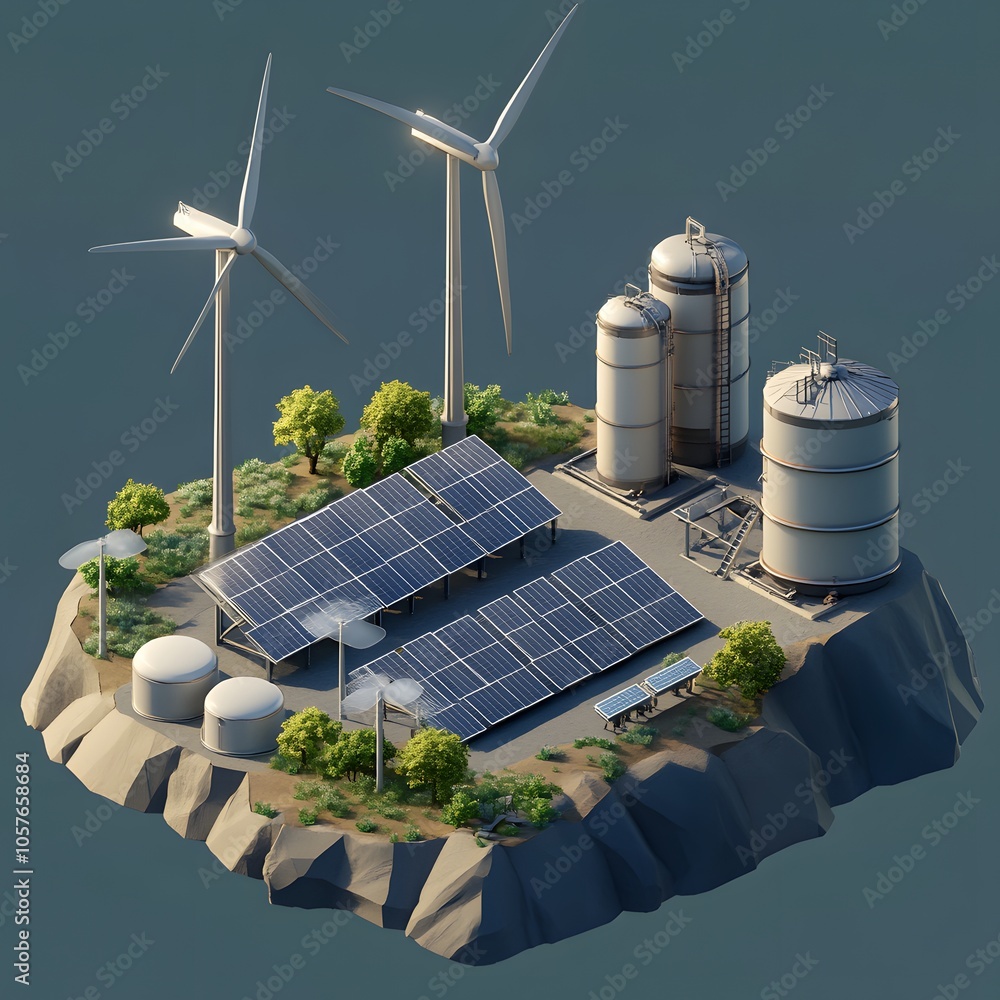 Poster create an isometric 3d scene focused on green energy. include three modern wind turbines with sleek,