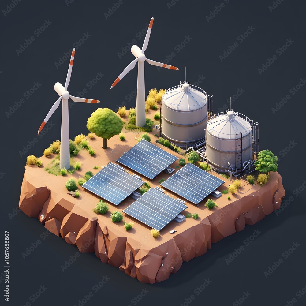 Poster Create an isometric 3D scene focused on green energy. include three modern wind turbines with sleek, realistic blades and tall towers. feature three solar panel arrays with reflective surfaces arrange