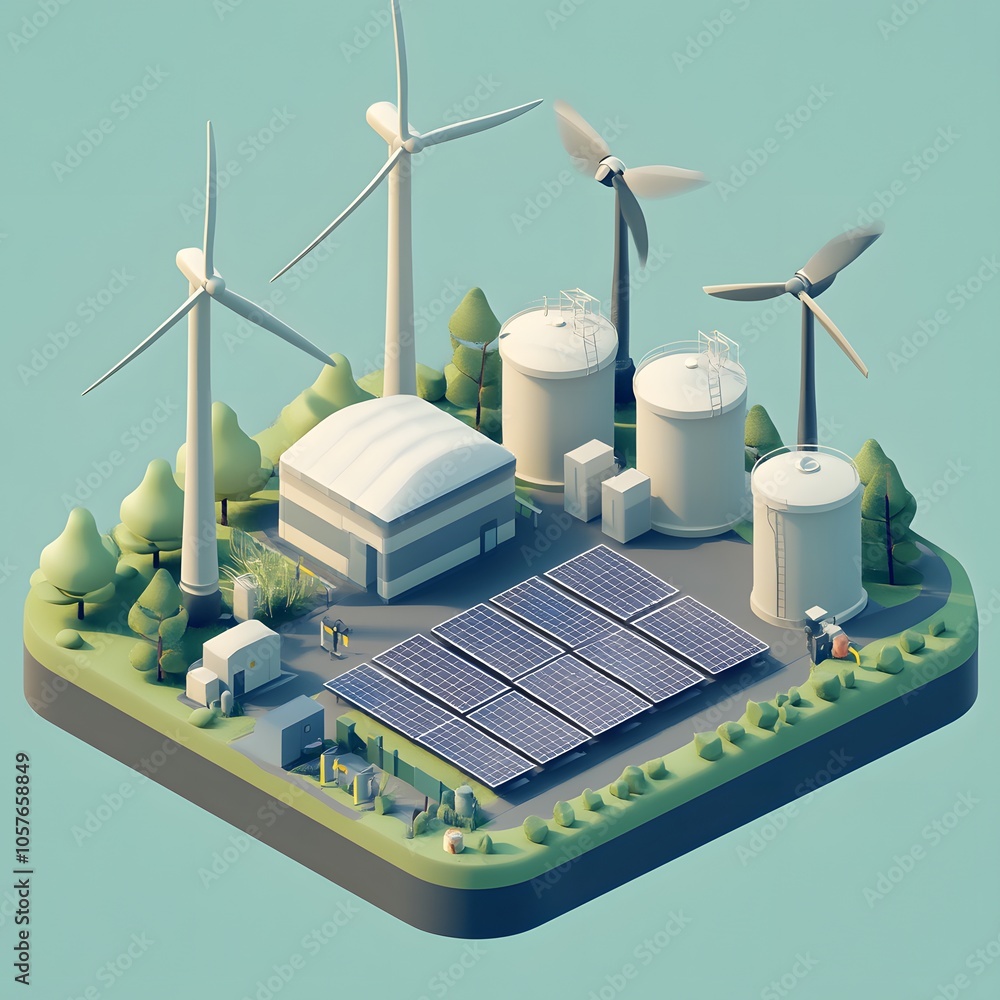 Poster create an isometric 3d scene focused on green energy. include three modern wind turbines with sleek,