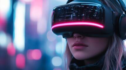 A young woman wears advanced VR goggles, immersed in a vibrant digital environment, This image is perfect for technology, gaming, or virtual reality usage in promotional materials or articles,