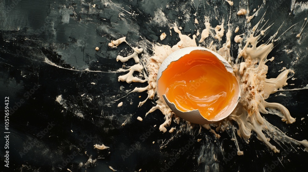 Poster Broken Eggshell with Splash on Dark Background