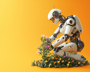 Robot gardener planting a flower isolated on a yellow background