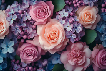A close-up of various pastel roses and blossoms, arranged beautifully amidst delicate purple flowers, creating a vibrant floral display.