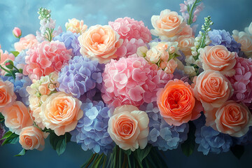 A vibrant bouquet featuring colorful roses and hydrangeas, showcasing shades of pink, peach, and blue against a soft background.