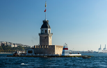 A scenic view of the Maiden's Tower, a historical landmark located on the Bosphorus. The Maiden's...