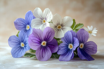 A vibrant cluster of purple and white violets, showcasing delicate petals and lush greenery against a soft, blurred background.