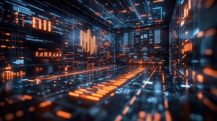 Futuristic financial market data visualization displaying dynamic candlestick charts and fluctuating graphs against a night skyline. Ideal for finance presentations, trading analytics