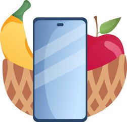 a basket of fruit and a smartphone in front of them to count calories. proper and healthy nutrition.