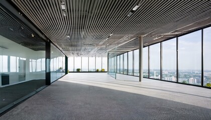 Modern empty office interior with glass walls and minimalistic design. 3D Rendering