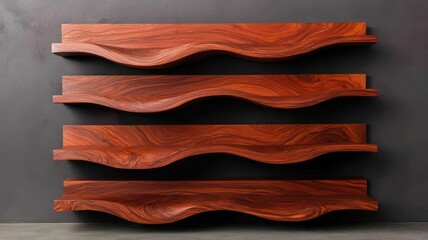 Obraz premium Elegant, wave-shaped wooden shelves in rich wood tones, displaying a modern design ideal for home decor or organizational needs.