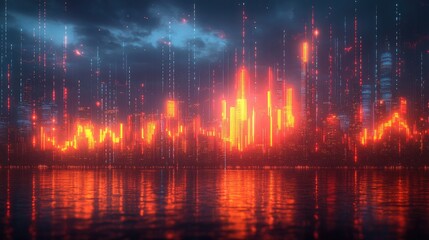 Futuristic financial market data visualization displaying dynamic candlestick charts and fluctuating graphs against a night skyline. Ideal for finance presentations, trading analytics
