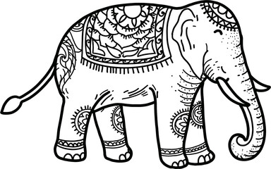 Happy Elephant Wearing Jewelry Standing  Side View  Thai Line Art Style Hand Drawn Illustration  