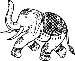 Happy Male Elephant with Jewelry Raising Trunk Side View Thai Line Art Style Hand Drawn Illustration