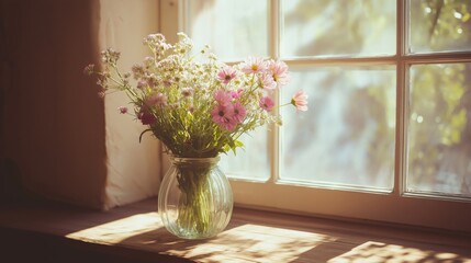 A beautiful bouquet of pink and white flowers in a glass vase on a windowsill.