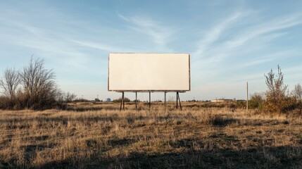 Obraz premium Billboard background with a clean, white canvas in a rural setting, surrounded by open fields and a clear, expansive sky.