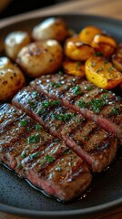 Garlic butter grilled steak with roasted vegetables, elegantly plated on ceramic, showcasing culinary artistry and vibrant colors