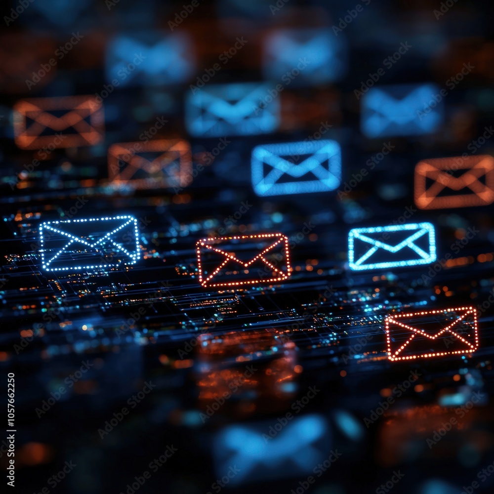 Poster illuminated email icons representing digital communication in a tech-driven world