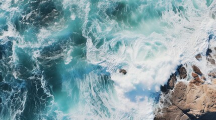 Obraz premium Bird's-eye shot of ocean waves striking rocky shore, churning white waves
