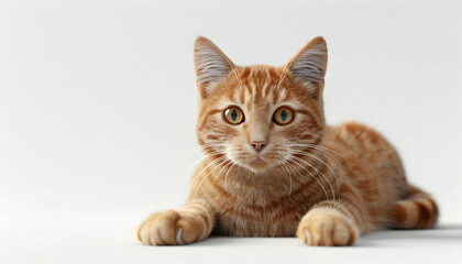 Obraz premium Adorable ginger kitten lying on a white background, looking directly at the camera.