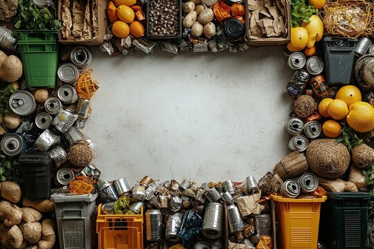 Creative zero waste frame with recycling bins, food, and cans