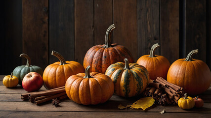 An autumn-themed still life with a variety of pumpkins, apples, cinnamon sticks, and fall leaves arranged on a wooden table