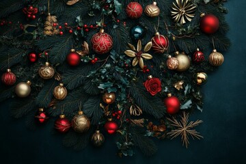 dark green christmas tree with different shaped ornaments in red and gold tones 