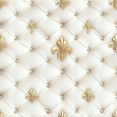 Elegant seamless White Tufted Leather Pattern with Gold Lily Flower Designs