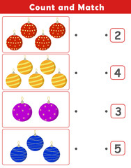 Christmas activity sheet. Counting educational children game. Math kids activity sheet. How many counting game with cute christmas illustration.	