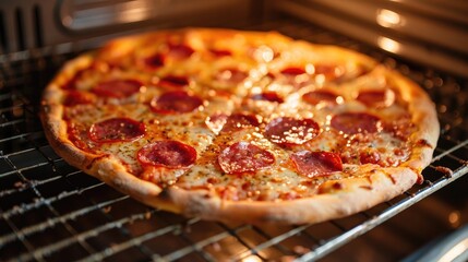 Salami and cheese pizza baked in an oven.