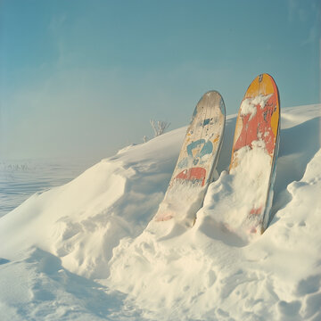 two snowboards in the snow, copy space
