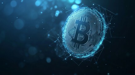 Bitcoin from abstract polygonal points blue. 